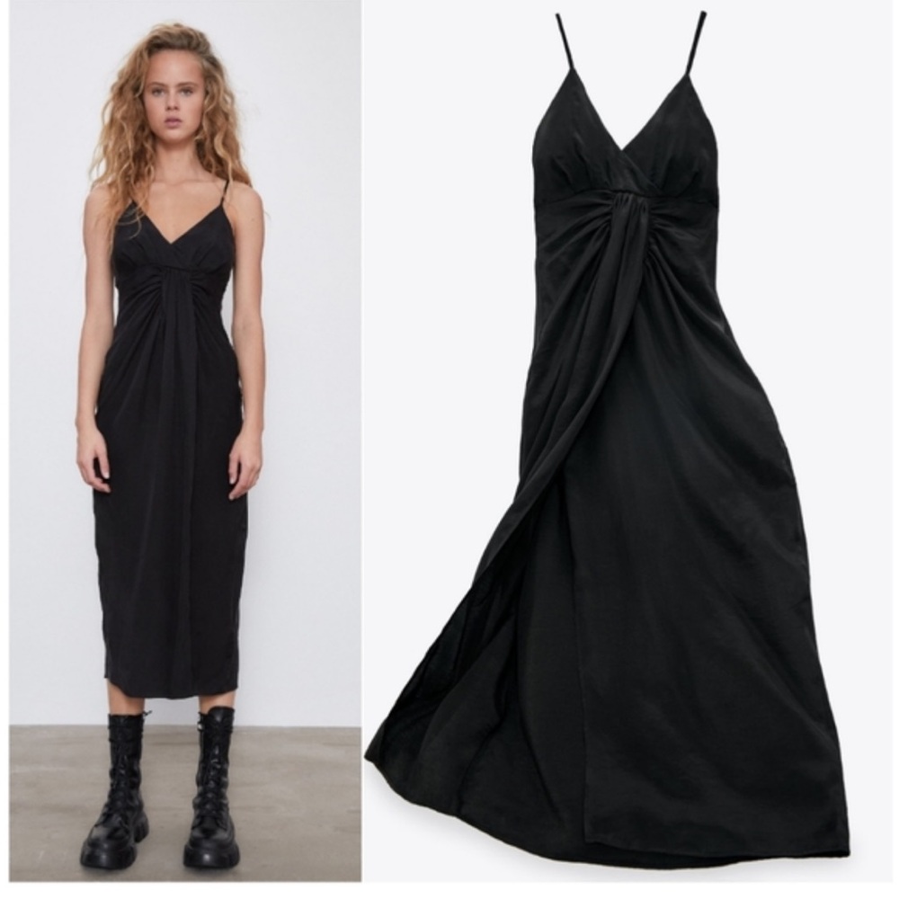 ZARA Draped Front Twist Midi Dress Black